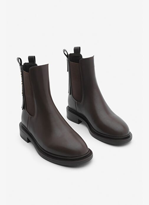 Kadın Altın Düğmeli Çift Lastikli Arkadan Fermuarlı Günlük Bot Valone Kahve - Görsel 5