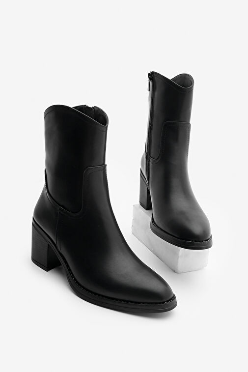 Kadın Fermuarlı Sivri Burun Kalın Topuklu Bot Tasim Siyah - Görsel 3