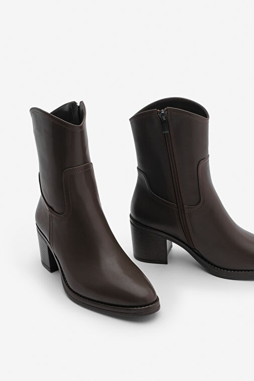 Kadın Fermuarlı Sivri Burun Kalın Topuklu Bot Tasim Kahve - Görsel 5