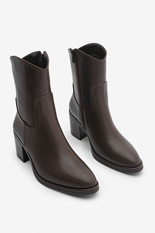 Kadın Fermuarlı Sivri Burun Kalın Topuklu Bot Tasim Kahve - Görsel 2