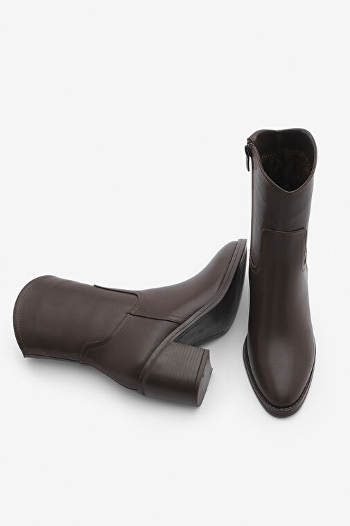 Kadın Fermuarlı Sivri Burun Kalın Topuklu Bot Tasim Kahve - Görsel 3