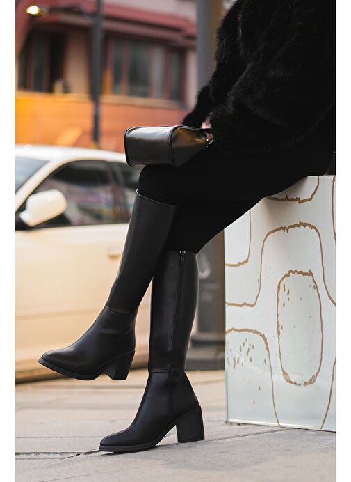 Kadın Kalın Topuklu Dizaltı Topuklu Çizme Aktone Siyah - Görsel 7