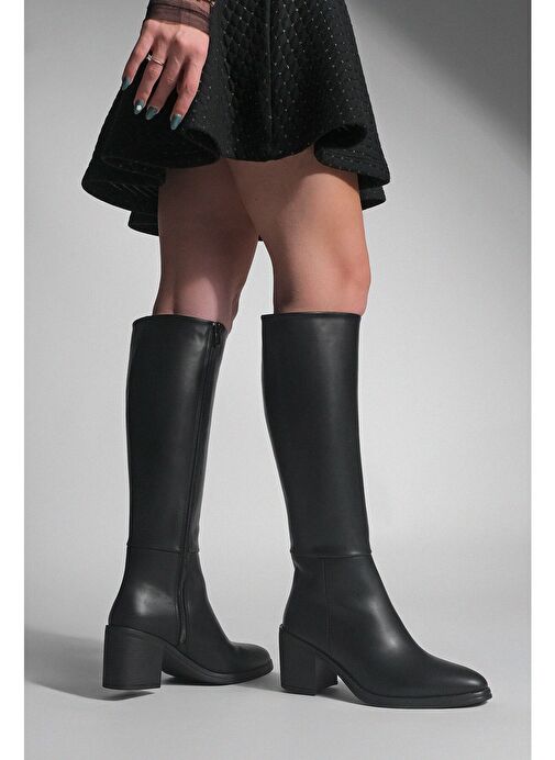 Kadın Kalın Topuklu Dizaltı Topuklu Çizme Aktone Siyah - Görsel 4