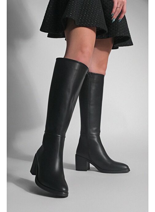 Kadın Kalın Topuklu Dizaltı Topuklu Çizme Aktone Siyah - Görsel 9