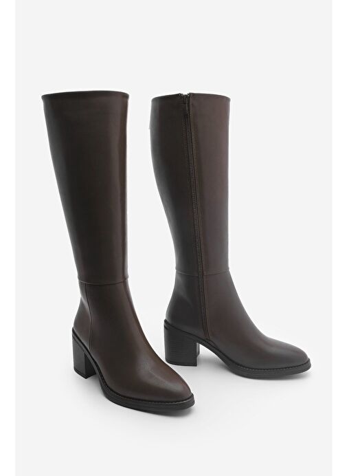 Kadın Kalın Topuklu Dizaltı Topuklu Çizme Aktone Kahve - Görsel 3