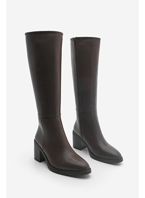 Kadın Kalın Topuklu Dizaltı Topuklu Çizme Aktone Kahve - Görsel 7