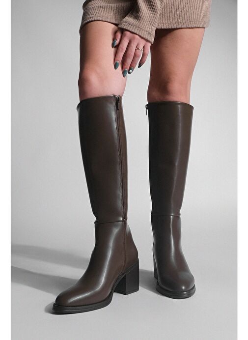 Kadın Kalın Topuklu Dizaltı Topuklu Çizme Aktone Kahve - Görsel 6