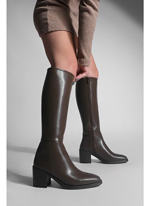 Kadın Kalın Topuklu Dizaltı Topuklu Çizme Aktone Kahve - Görsel 4