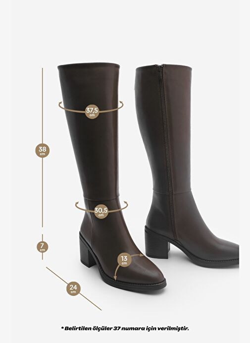 Kadın Kalın Topuklu Dizaltı Topuklu Çizme Aktone Kahve - Görsel 9