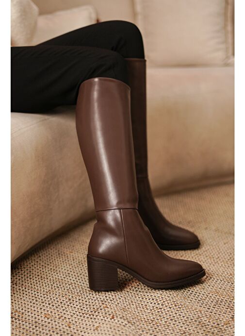 Kadın Kalın Topuklu Dizaltı Topuklu Çizme Aktone Kahve - Görsel 2