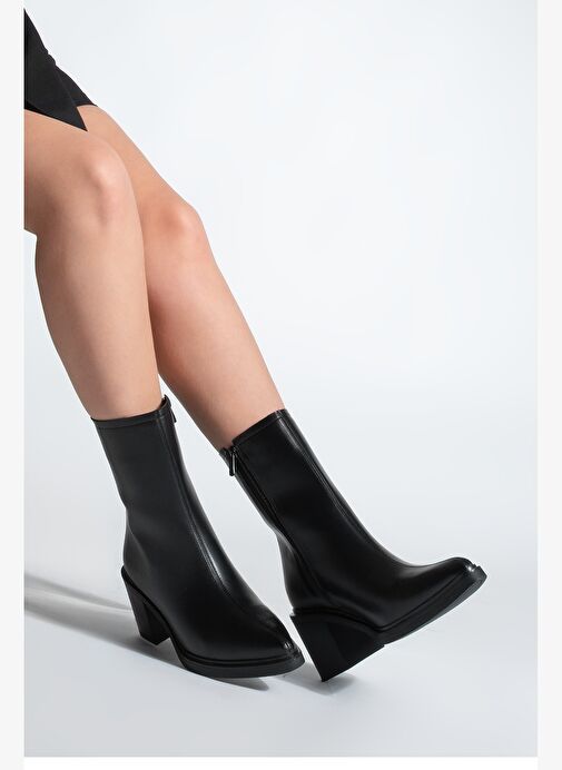 Kadın Yandan Fermuarlı Dikiş Detaylı Günlük Topuklu Bot Lakos Siyah - Görsel 6