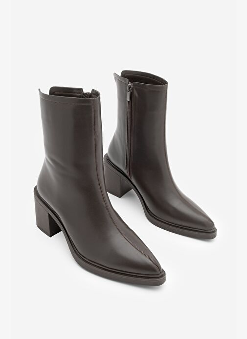 Kadın Yandan Fermuarlı Dikiş Detaylı Günlük Topuklu Bot Lakos Kahve - Görsel 5