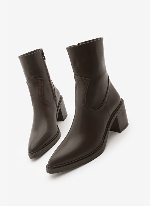 Kadın Dikiş Detaylı Yandan Fermuarlı Topuklu Bot Fortap Kahve - Görsel 2