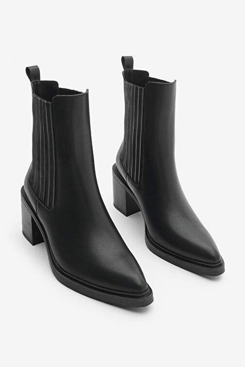 Kadın Sivri Burun Çift Lastikli Kalın Topuklu Bot Solav Siyah - Görsel 3