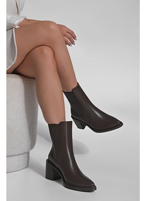 Kadın Sivri Burun Çift Lastikli Kalın Topuklu Bot Solav Kahve - Görsel 5