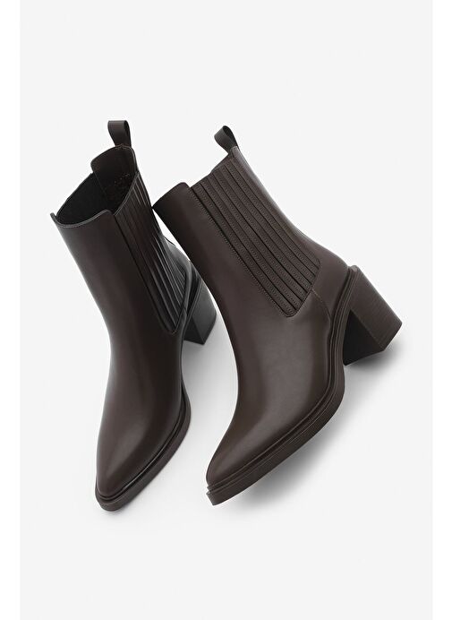 Kadın Sivri Burun Çift Lastikli Kalın Topuklu Bot Solav Kahve - Görsel 2