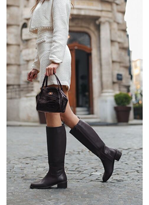 Kadın Yandan Fermuarlı Topuklu Çizme Levarin Kahve - Görsel 5