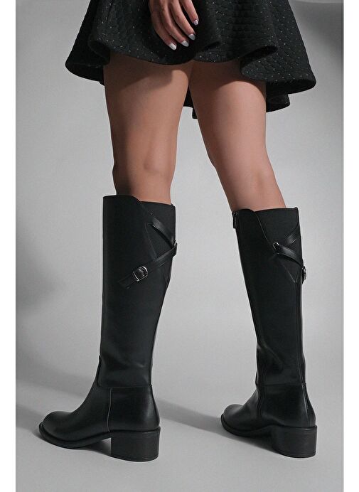 Kadın Kemer Aksesuarlı Yandan Fermuarlı Topuklu Çizme Samole Siyah - Görsel 8