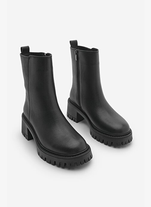 Kadın Hakiki Deri Fermuarlı Kalın Topuklu Tırtıklı Taban Günlük Bot Forlas Siyah - Görsel 4
