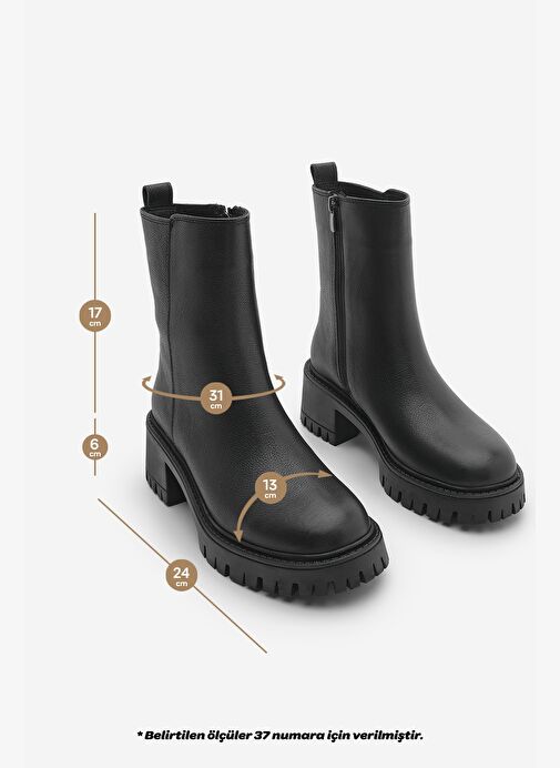 Kadın Hakiki Deri Fermuarlı Kalın Topuklu Tırtıklı Taban Günlük Bot Forlas Siyah - Görsel 6