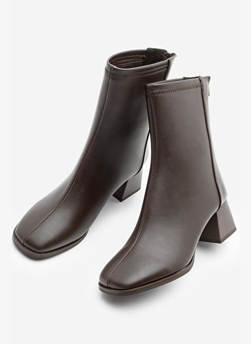 Kadın Topuklu Bot Küt Burun Arkadan Fermuarlı Nayis Kahve - Görsel 2