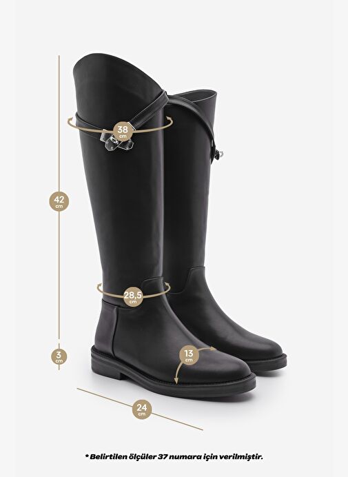 Kadın Arkadan Fermuarlı Gümüş Tokalı Günlük Çizme Mosna Siyah - Görsel 9