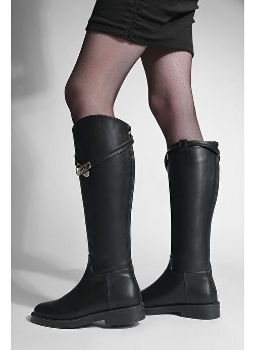 Kadın Arkadan Fermuarlı Gümüş Tokalı Günlük Çizme Mosna Siyah - Görsel 3