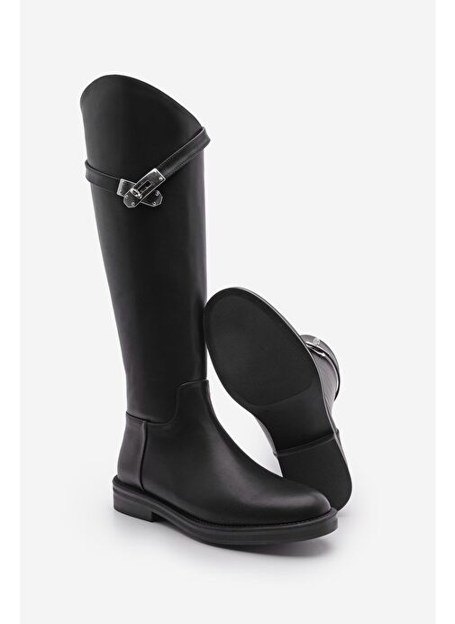 Kadın Arkadan Fermuarlı Gümüş Tokalı Günlük Çizme Mosna Siyah - Görsel 8