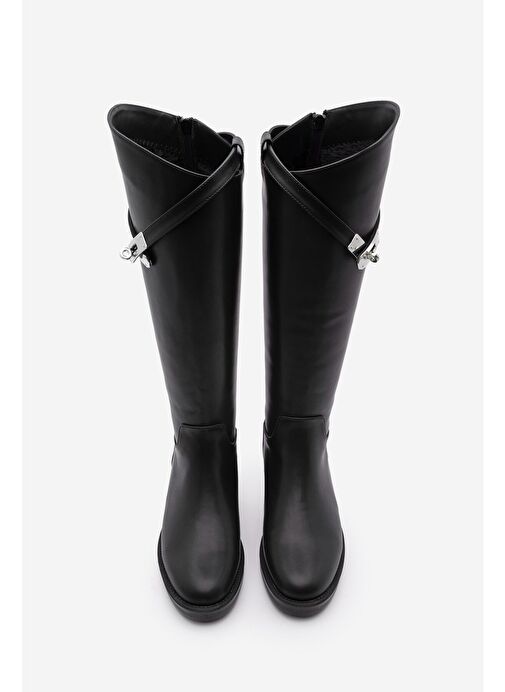 Kadın Arkadan Fermuarlı Gümüş Tokalı Günlük Çizme Mosna Siyah - Görsel 7