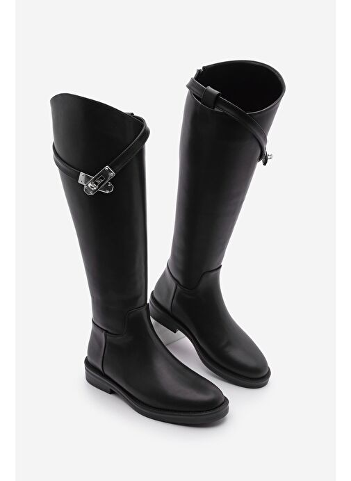 Kadın Arkadan Fermuarlı Gümüş Tokalı Günlük Çizme Mosna Siyah - Görsel 2