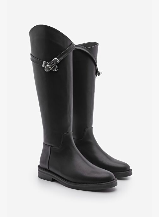 Kadın Arkadan Fermuarlı Gümüş Tokalı Günlük Çizme Mosna Siyah - Görsel 6