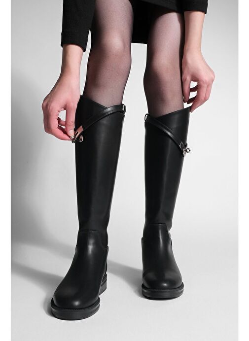 Kadın Arkadan Fermuarlı Gümüş Tokalı Günlük Çizme Mosna Siyah - Görsel 5