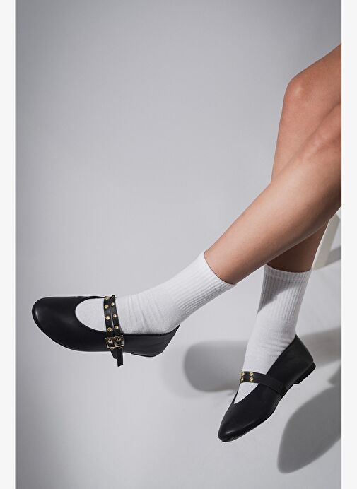 Kadın Çift Bantlı Zımbalı Günlük Babet Bekosa Siyah - Görsel 2