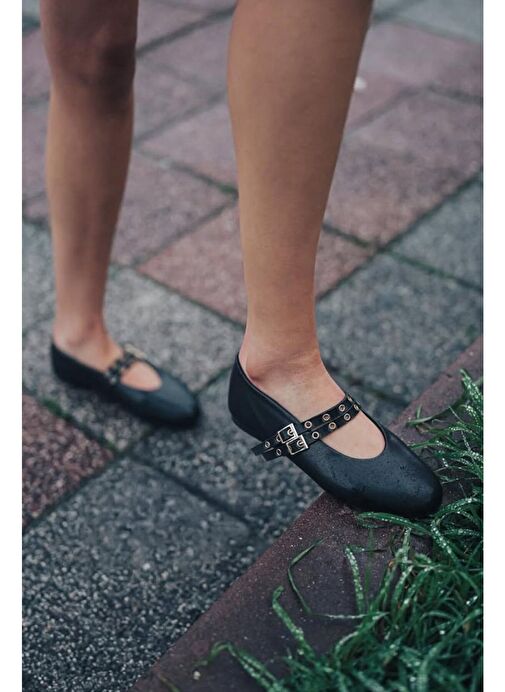 Kadın Çift Bantlı Zımbalı Günlük Babet Bekosa Siyah - Görsel 6