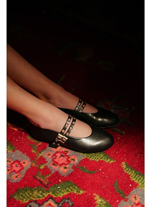 Kadın Çift Bantlı Zımbalı Günlük Babet Bekosa Siyah - Görsel 4