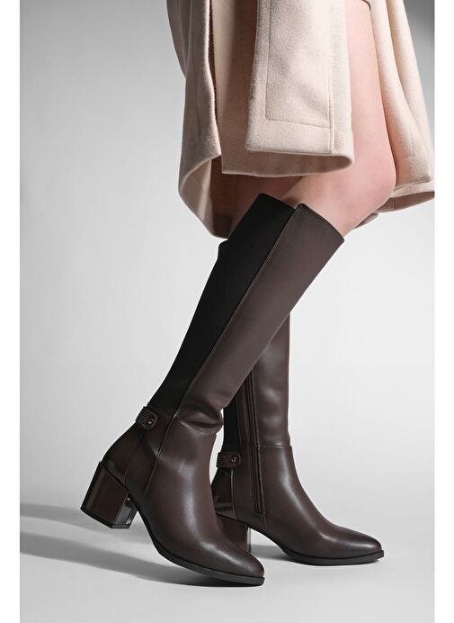 Kadın Fermuarlı Günlük Klasik Topuklu Çizme Aret Kahve - Görsel 2