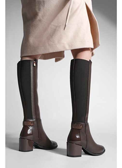 Kadın Fermuarlı Günlük Klasik Topuklu Çizme Aret Kahve - Görsel 3