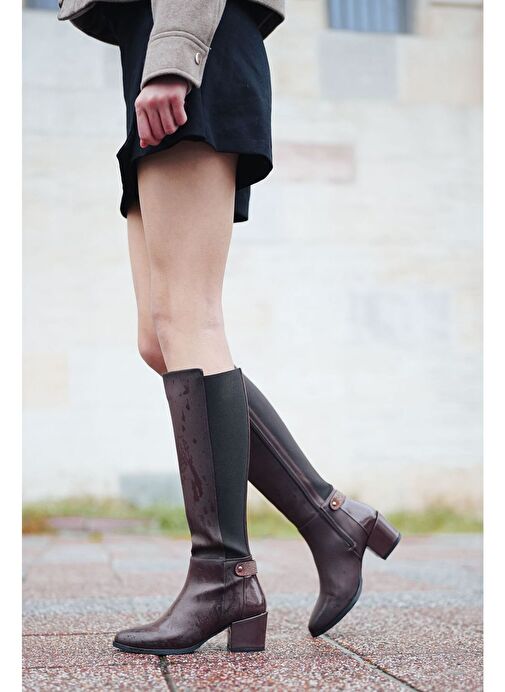 Kadın Fermuarlı Günlük Klasik Topuklu Çizme Aret Kahve - Görsel 4