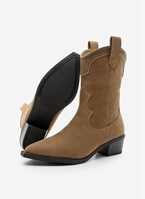 Kadın Sivri Burun Dikiş Detaylı Western Bot Voleta Taba Süet - Görsel 8