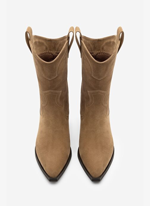 Kadın Sivri Burun Dikiş Detaylı Western Bot Voleta Taba Süet - Görsel 7