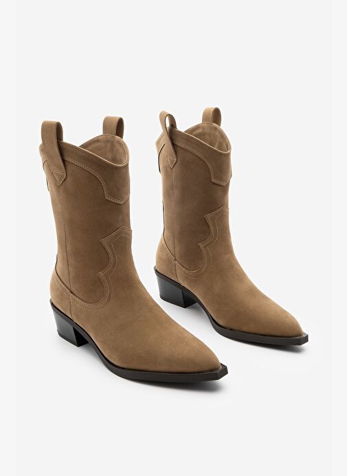 Kadın Sivri Burun Dikiş Detaylı Western Bot Voleta Taba Süet - Görsel 6