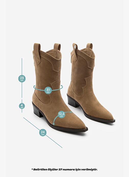 Kadın Sivri Burun Dikiş Detaylı Western Bot Voleta Taba Süet - Görsel 9