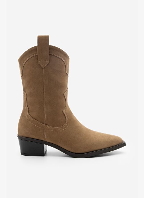 Kadın Sivri Burun Dikiş Detaylı Western Bot Voleta Taba Süet - Görsel 4