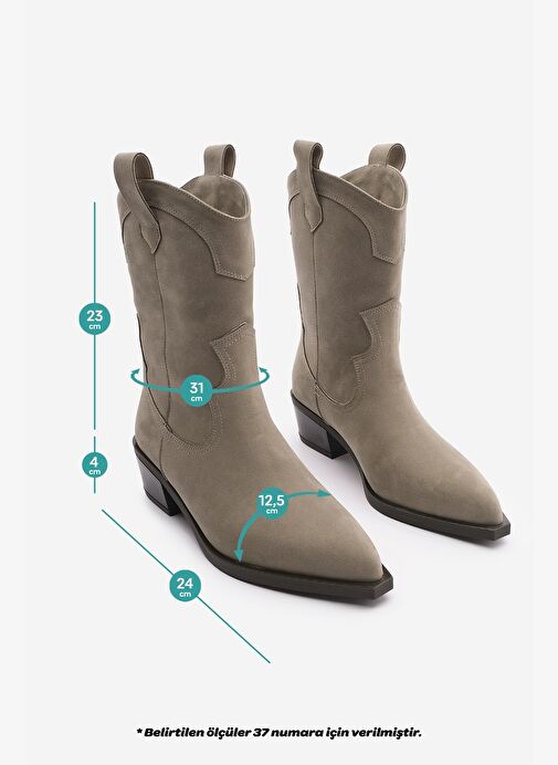 Kadın Sivri Burun Dikiş Detaylı Western Bot Voleta Vizon Süet - Görsel 9