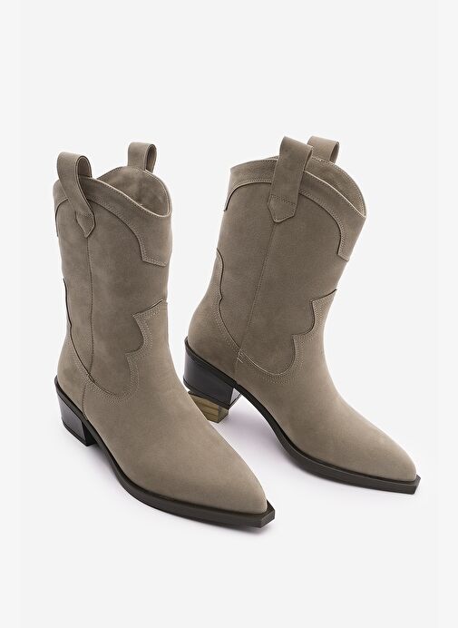 Kadın Sivri Burun Dikiş Detaylı Western Bot Voleta Vizon Süet - Görsel 2