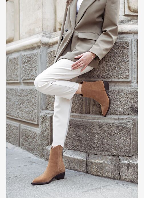 Kadın Sivri Burun Dikiş Detaylı Western Bot Vildo Taba Süet - Görsel 3