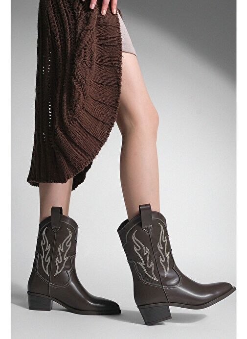 Kadın Sivri Burun Nakışlı Western Bot Tevlus Kahve - Görsel 4