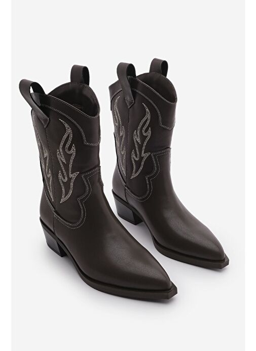 Kadın Sivri Burun Nakışlı Western Bot Tevlus Kahve - Görsel 5