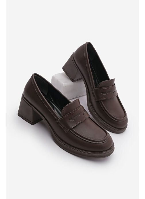 Kadın Loafer Kalın Topuklu Günlük Ayakkabı Seriz Kahve - Görsel 2