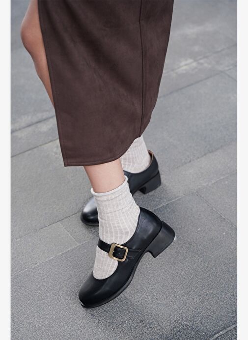 Kadın Tokalı Loafer Günlük Topuklu Ayakkabı Meniz Siyah - Görsel 3